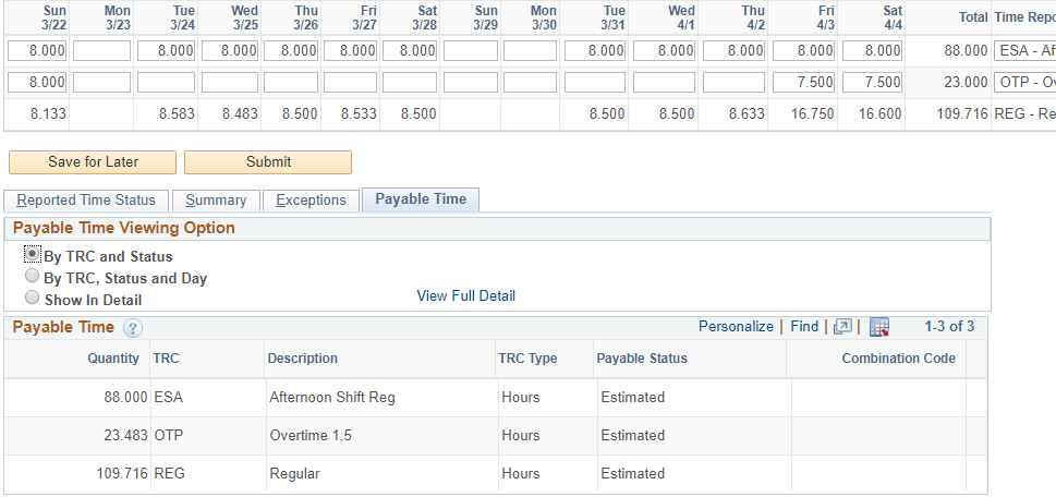 Timesheet screen capture showing payable time tab
